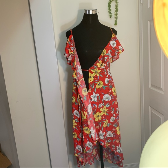 F21 Liberty Floral Flowy Cutout Shoulder Wrap Hi Low Dress - Picture 6 of 15